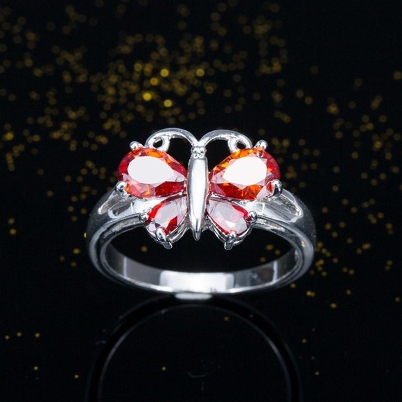 Elegant Silver Butterfly Ring with Red Accents - Picture 1 of 4